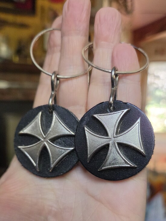 Kharma Collection by Avelon Jewelry - Black Leather Handmade Earrings wSilver Maltese Cross Emblem Silver Plated Hoop
